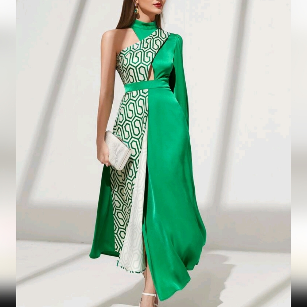 Shein Elegant Green One-Shoulder Wrap Midi Front‎ Slit Dress Sz Medium
